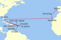 Cruise itinerary map for Silversea Cruises 25 Night Miami, Fl To Lisbon (139805)