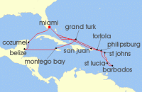 Cruise itinerary map for Cunard Line 21 Night Caribbean (118780)