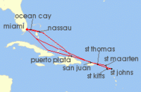 Cruise itinerary map for MSC Cruises 17 Night Caribbean & Bahamas (139035)