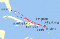 Cruise itinerary map for MSC Cruises 10 Night Caribbean & Bahamas (122621)