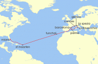 Cruise itinerary map for MSC Cruises 19 Night MSC Grand Voyages (134589)
