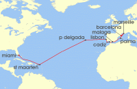 Cruise itinerary map for MSC Cruises 17 Night MSC Grand Voyages (137851)