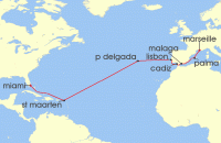Cruise itinerary map for MSC Cruises 16 Night MSC Grand Voyages (137878)