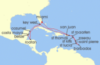 Cruise itinerary map for Azamara Cruises 22 Night Cruise Caribbean Intensive Cruise: Sint Maarten, Barbados & Cozumel (140242)