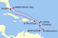 Cruise itinerary map for Carnival Cruises 11 Night Southern Caribbean (127054)