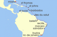 Cruise itinerary map for Regent Seven Seas Cruises 18 Night White Sands & Brazilian Sun Miami To Rio De Janeiro (123472)