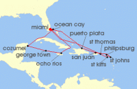 Cruise itinerary map for MSC Cruises 17 Night Caribbean & Bahamas (123986)