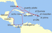 Cruise itinerary map for MSC Cruises 21 Night Caribbean & Bahamas (133286)