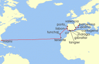 Cruise itinerary map for Silversea Cruises 25 Night Miami, Fl To Barcelona (143066)