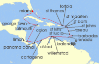 Cruise itinerary map for Regent Seven Seas Cruises 25 Night Ultimate Island Holiday Miami To Miami (141469)