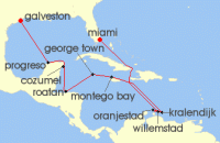 Cruise itinerary map for Regent Seven Seas Cruises 15 Night Sapphire Sea Dreams Miami To Galveston (137414)