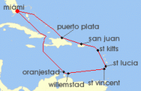 Cruise itinerary map for Oceania Cruises 12 Night Exotic Caribbean Escape Miami to Miami (133136)