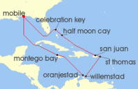 Cruise itinerary map for Carnival Cruises 14 Night Southern Caribbean (129479)