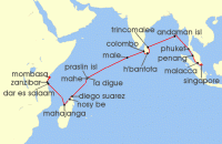 Cruise itinerary map for Crystal Cruises 25 Night Africa & Indian Ocean - Mombasa To Singapore (135639)