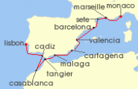 Cruise itinerary map for Silversea Cruises 12 Night Monte Carlo To Lisbon (140676)