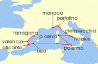 Cruise itinerary map for Oceania Cruises 10 Night Havens of Italy & Spain Monte Carlo to Barcelona (136629)