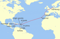 Cruise itinerary map for Phoenix Reisen 24 Nacht Von Jamaika bis Hamburg (141512)