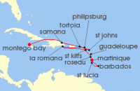 Cruise itinerary map for AIDA 14 Nacht Karibik mit Kleinen Antillen ab Jamaika (123265)