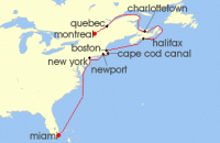 Cruise itinerary map for Silversea Cruises 14 Night Montreal To Miami, Fl (132525)