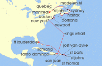 Cruise itinerary map for Crystal Cruises 26 Night The Americas & Caribbean - Montreal To Fort Lauderdale (129257)
