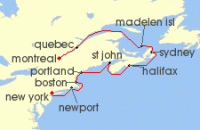 Cruise itinerary map for Crystal Cruises 10 Night North America & Canada - Montreal To New York City (128533)