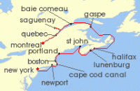 Cruise itinerary map for Azamara Cruises 12 Night Cruise Canada & New England Intensive Cruise: Quebec, Halifax & New York (134535)