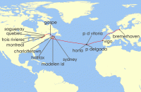 Cruise itinerary map for Phoenix Reisen 25 Nacht Von Montreal bis Bremerhaven (141511)