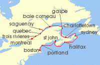 Cruise itinerary map for Azamara Cruises 12 Night Cruise Canada & New England Intensive Cruise: Quebec, Halifax & Boston (134533)