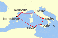 Cruise itinerary map for MSC Cruises 7 Night Mediterranean (110401)