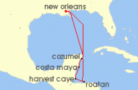 Cruise itinerary map for Norwegian Cruise Line 7 Night Caribbean Round-trip New Orleans: Harvest Caye, Cozumel & Roatan (96619)