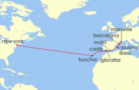 Cruise itinerary map for Norwegian Cruise Line 15 Night Transatlantic from New York to Barcelona: France & Spain (142218)