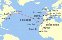 Cruise itinerary map for Regent Seven Seas Cruises 28 Night New World, Old World New York To Paris (Le Havre) (136100)