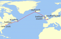 Cruise itinerary map for Regent Seven Seas Cruises 14 Night Coast To Coast Culture New York To London (Southampton) (136383)