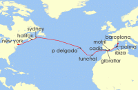 Cruise itinerary map for Norwegian Cruise Line 16 Night Transatlantic from New York to Barcelona: Spain & Azores (124694)