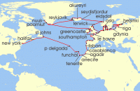 Cruise itinerary map for Regent Seven Seas Cruises 92 Night Grand Arctic Expedition New York To London (Southampton) (140583)