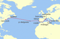 Cruise itinerary map for MSC Cruises 19 Night MSC Grand Voyages (136558)