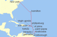 Cruise itinerary map for Azamara Cruises 16 Night Cruise Caribbean Cruise: New York, Bermuda & Barbados (130083)