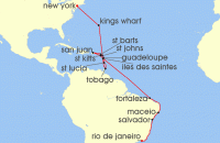 Cruise itinerary map for Crystal Cruises 23 Night South America - New York City To Rio de Janeiro (133891)