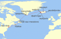 Cruise itinerary map for Viking Cruises 14 Night Iconic Iceland, Greenland & Canada (138060)
