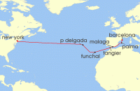 Cruise itinerary map for Virgin Voyages 14 Night New York Transatlantic to Spain (131158)