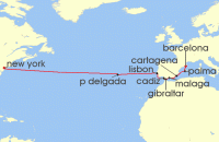 Cruise itinerary map for Royal Caribbean Cruises 15 Night Spain & Portugal Transatlantic (127411)