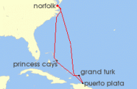 Cruise itinerary map for Carnival Cruises 8 Night Eastern Caribbean (125390)