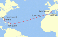 Cruise itinerary map for MSC Cruises 15 Night MSC Grand Voyages (134591)