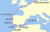 Cruise itinerary map for TUI Cruises 11 Nachte - Europas Westkuste - Ab Palma/Bis Bremerhaven (141604)