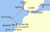 Cruise itinerary map for AIDA 14 Nacht Mittelmeer & Atlantikkuste mit Kanaren ab Mallorca (139350)