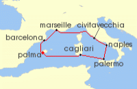 Cruise itinerary map for TUI Cruises 10 Nachte - Metropolen Des Westlichen Mittelmeers - Ab/Bis Palma (127855)