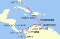 Cruise itinerary map for Azamara Cruises 11 Night Cruise Panama Canal & Southern Caribbean Cruise: Cartagena, Aruba & Curacao (136871)