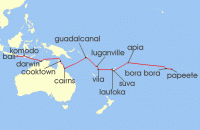 Cruise itinerary map for Oceania Cruises 24 Night Outriggers Route to Bali Papeete to Bali (133858)