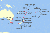 Cruise itinerary map for Oceania Cruises 32 Night Atolls to Aboriginal Lands Papeete to Sydney (123279)