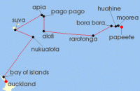 Cruise itinerary map for Oceania Cruises 18 Night Azure Atolls to Auckland Papeete to Auckland (123278)